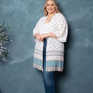 NEW! PLUS Size Cute Open Front Short Sleeve Boho Print Kimono Duster Beach Cover